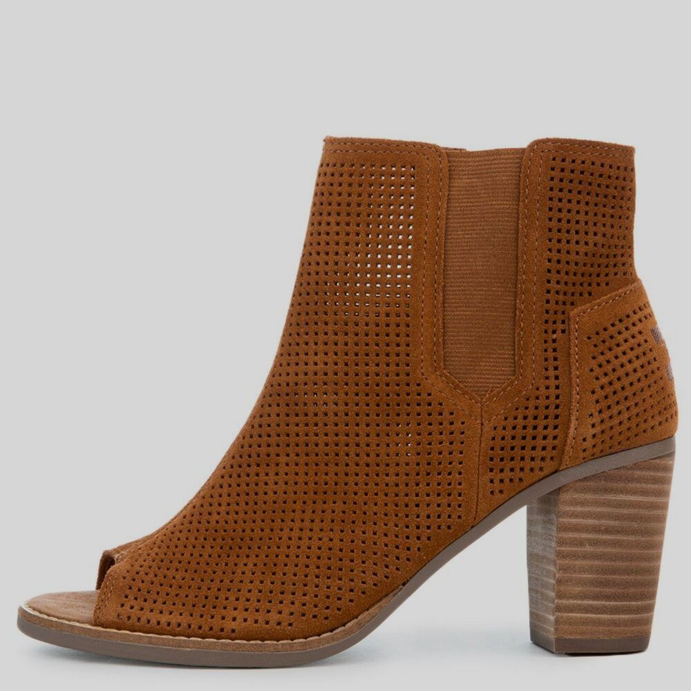 Toms Majorca Peep Toe Suede Booties Cinnamon Brown Size 7 W • Perforated Heel